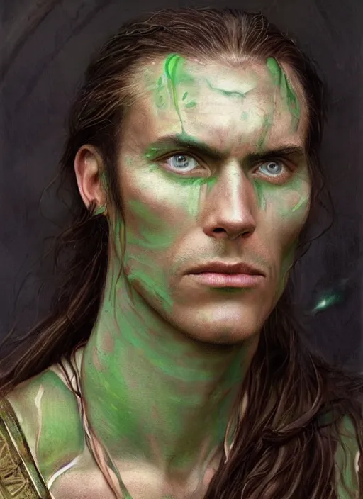 Prompt: a shaman in his twenties with long light brown hair tied back, light green eyes, a large forehead, a widows peak and a round face with high cheekbones and full lips as a realistic d & d fantasy character, portrait art by donato giancola and greg rutkowski, vintage retro, realistic face, digital art, trending on artstation