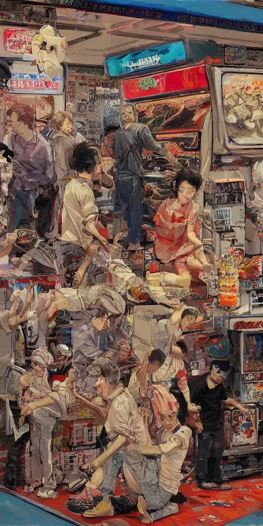 Image similar to oil painting scene from amusement arcade by kim jung gi