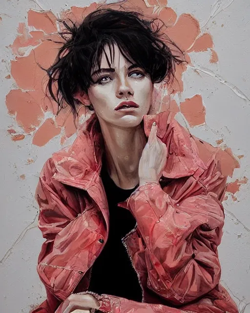 Image similar to a ultradetailed beautiful panting of a stylish woman sitting on the floor in a tiled room, she is wearing an oversized jacket, night time, highly detailed face, oil painting, by conrad roset