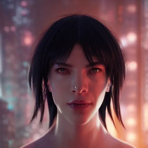 Image similar to a ghost in the shell inspired portrait of a woman 4k photorealistic, volumetric lighting, HD, high details, dramatic, trending on artstation, bokeh lights