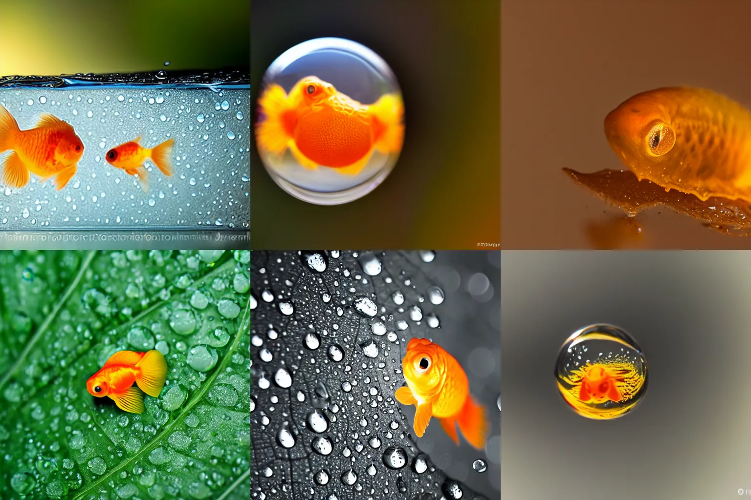 Image similar to extreme macro photography : ( subject = a single water droplet of water on a leaf + subject detail = goldfish encased inside of a water droplet ), zeiss macro lens f / 1 1 aperture