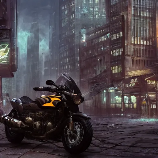 Image similar to motorcycle in gotham city, beautiful dynamic lighting, cinematic, wide angle establishing shot, extremely high detail, photo realistic, cinematic lighting, post processed, concept art, artstation, matte painting, style by Jakub Rozalski , unreal engine 8k