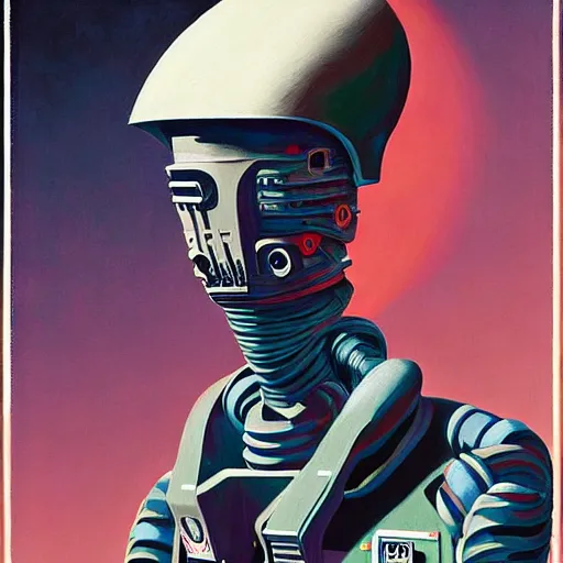 Prompt: Astronaut portrait half face robot,highly detailed, very coherent, painted by Francis Bacon and Edward Hopper, Wayne Barlowe, painted by James Gilleard, surrealism, airbrush, art by JamesJean
