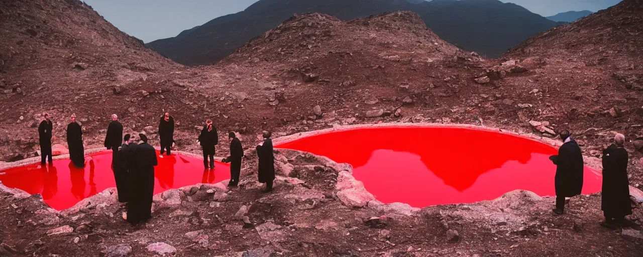 Image similar to a group of priests standing around a forbidden bright red pool on top of a mountain, nighttime, canon 5 0 mm, cinematic lighting, photography, retro, film, kodachrome