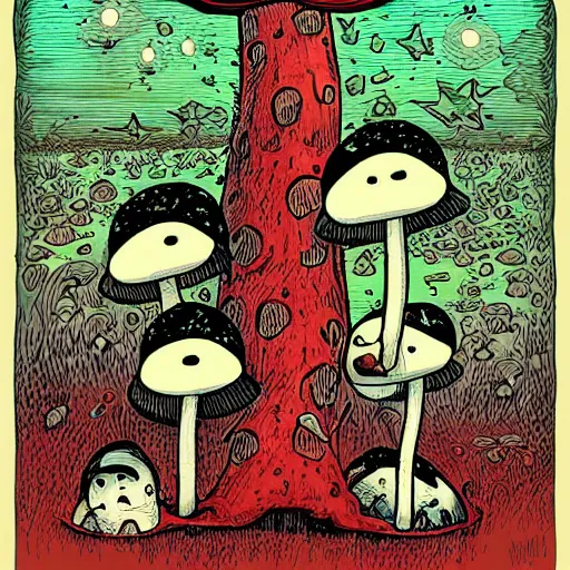 Prompt: a grinning mushroom family by tim doyle and anna dittmann, macabre | demonic