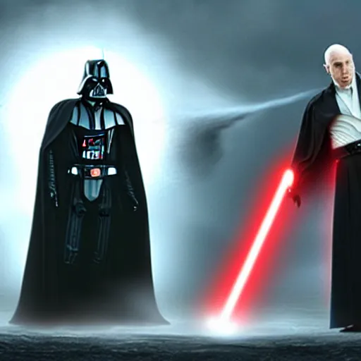 Image similar to voldemort vs darth vader, movie still photo,