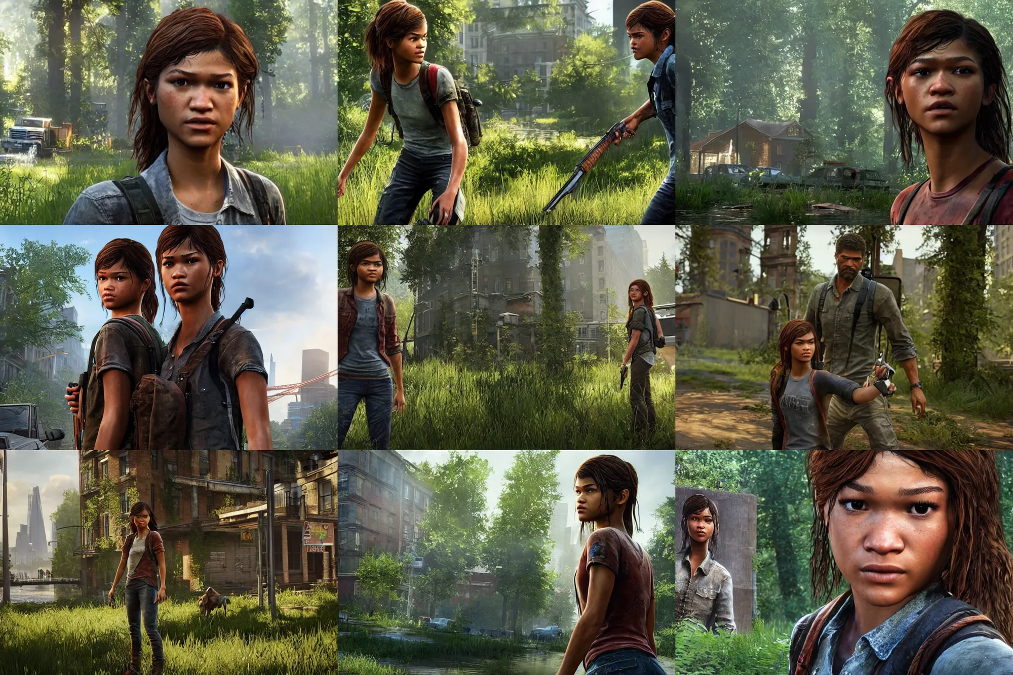 Prompt: a screenshot of zendaya in the video game the last of us standing in london. 3 d rendering. unreal engine. amazing likeness. very detailed. cartoon caricature.