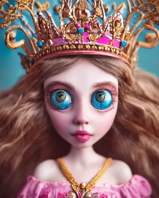 Prompt: closeup face profile portrait of a tin toy fairytale princess wearing a crown eating cakes, bikini, depth of field, zeiss lens, detailed, symmetrical, centered, fashion photoshoot by nicoletta ceccoli, mark ryden, lostfish, hyperrealistic, octane render