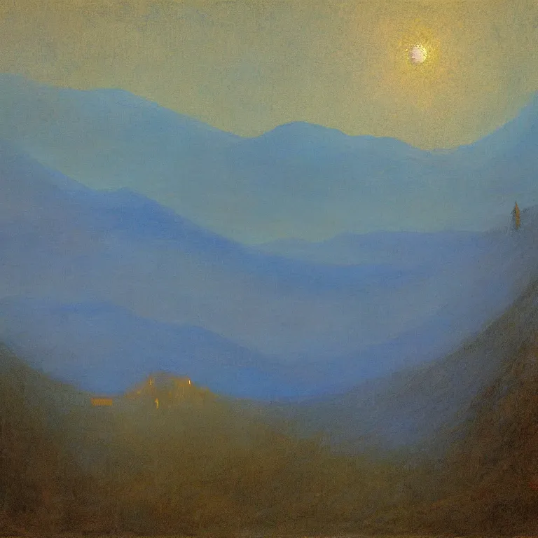 Prompt: zarathustra look up at the magic mountain, before dawn, oil painting, abbott handerson thayer, blue palette