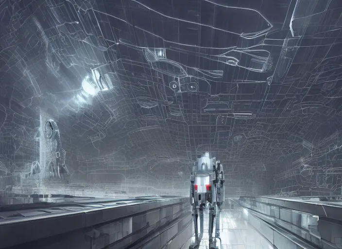 Prompt: cult of technology, exterior, scifi, temple, machines, robots, ultra realistic, transparent labs, metallic surface, highly detailed, white, futuristic landscape, city, utopian architecture, atmosphere, masterpiece, portals, epic lighting, glowing wires, mysterious, 4 k, cinematic, art by patryk olkiewicz and chris ostrowski and liang yao