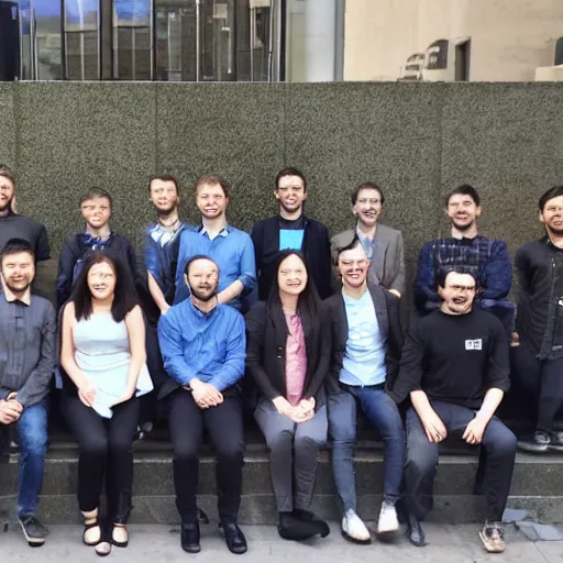 Prompt: blockchain development team of madfish solutions, corporate group photo near the office