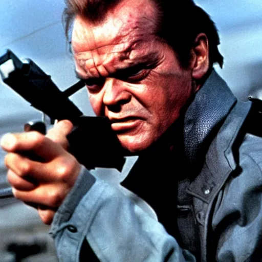 Image similar to Jack Nicholson plays Terminator, shooting from a gun, film still