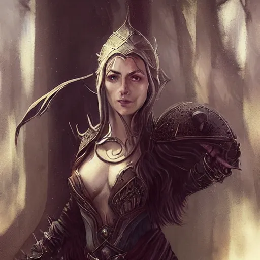 Prompt: A portrait of a female elven druid shaman wearing black leather armor, Magic the Gathering art, art by greg rutkowski, matte painting, trending on artstation, very detailed