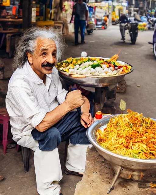 Prompt: A photo of Albert Einstein eating at a chaat stall in mumbai streets, highly detailed, trending on artstation, bokeh, 90mm, f/1.4