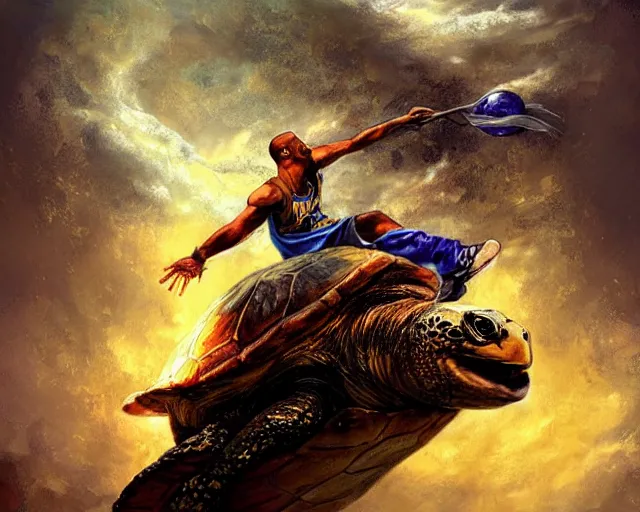 Prompt: kobe bryant riding on a turtle in heaven, fantasy art, illustration, epic art, fantasy, intricate, elgant, amazing detail, digital painting, artstation, concept art, smooth, sharp focus