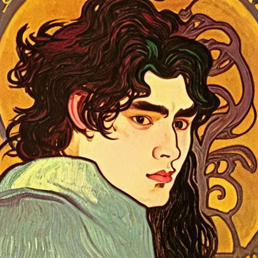 Image similar to painting of young cute handsome beautiful dark medium wavy hair man in his 2 0 s named shadow taehyung and cute handsome beautiful min - jun together at the halloween witchcraft party with bubbling cauldron, melancholy, autumn colors, elegant, ritual, stylized, gorgeous eyes, soft facial features, delicate facial features, art by alphonse mucha, vincent van gogh, egon schiele