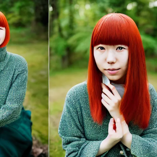 Image similar to a cottagecore photoshoot of mahiru koizumi, a japanese young woman with a freckled face and green eyes, beautiful redhead with a bowl cut holding her camera, 8 5 mm portrait photography