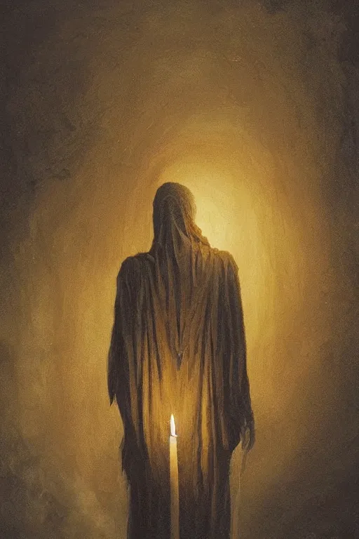 Image similar to Spirit holding a candle in the middle of the room, horror, illustrated by Greg Rutkowski and Caspar David Friedrich., Trending on artstation, artstationHD, artstationHQ, 4k, 8k