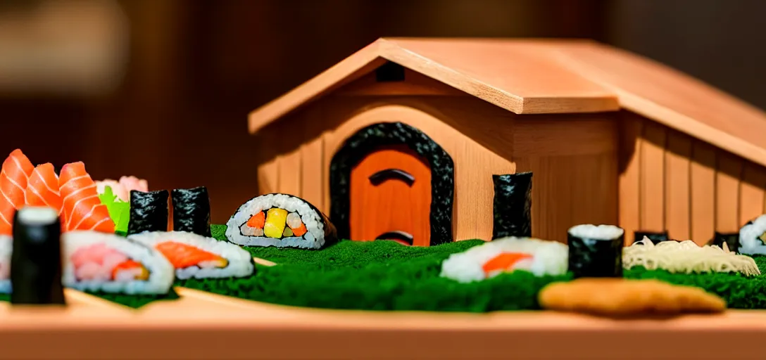 Image similar to a very high resolution image from a new movie. a dog house made of sushi. close up. 2 0 0 mm, dof, photorealistic, photography, directed by wes anderson