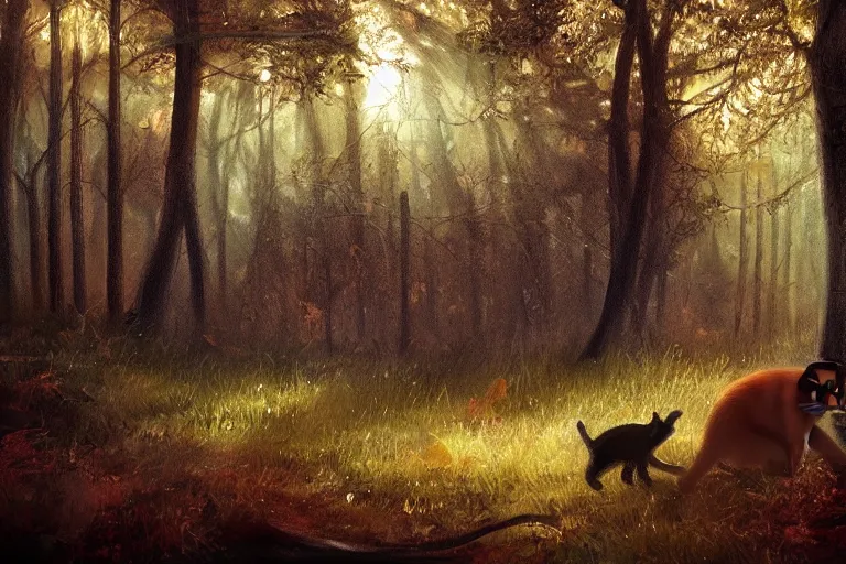 Image similar to a forest with a cat, trending on artstation, by wayne mcloughlin, backlighting