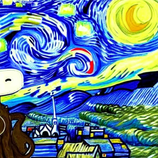 Prompt: painting of an angry stay puft marshmallow man in the style of starry night by vincent van gogh