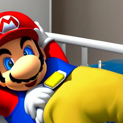 Prompt: super mario sleeping in a hospital bed