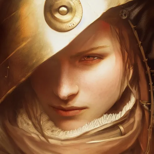 Image similar to portrait of a hooded young female steampunk fighter, headshot, hyper realistic, pale skin, 4k, rule of thirds, extreme detail, detailed drawing, trending artstation, hd, fantasy, D&D, realistic lighting, by Alphonse Mucha, Greg Rutkowski, sharp focus, backlit, elegant