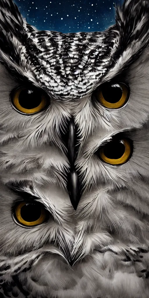 Image similar to potrait of an owl with face of a world and eyes of the night, artstation, high definition