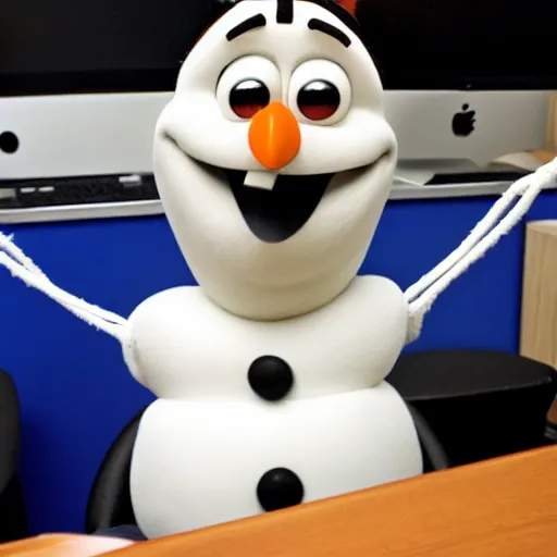 Prompt: a photo of olaf from frozen, working behind a desk, in an office, doing computer work and being bored and sad.