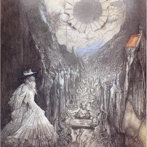 Prompt: 1 8 9 0 s orchestral album art by alan lee and albrecht durer and banksy