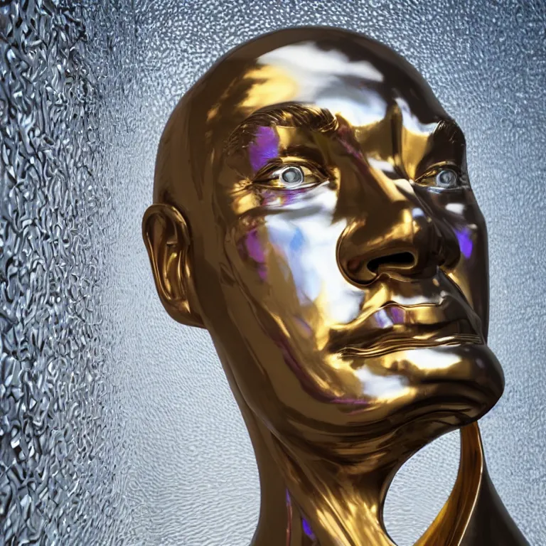 Prompt: octane render portrait by wayne barlow and carlo crivelli and glenn fabry, a giant shiny smooth reflective colorful patterned metal statue of a face by jeff koons wrapped in folded white silk, cinema 4 d, ray traced lighting, very short depth of field, bokeh