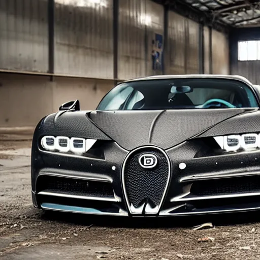 Image similar to an abandoned, derelict, rusty bugatti chiron in a dirty warehouse