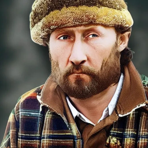 Image similar to Closeup of Vladimir Putin posing as a lumberjack. He has an axe in his hand and is wearing a yellow helmet. He looks very surprised. Hyper realistic photo. Full colour. Extremely detailed facial features.