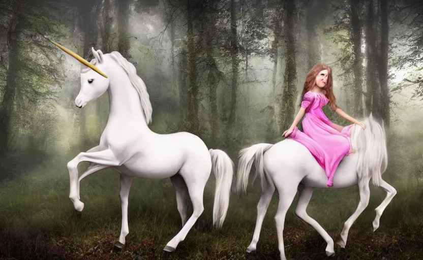 Prompt: princess riding a unicorn, in a forest clearing, ultra realistic, photorealistic, portrait,