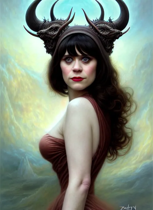 Image similar to zooey deschanel as an devil, aesthetic, fine art, intricate, elegant, highly detailed, realistic hair, centered, digital painting, art station, conceptual art, soft, sharp focus, illustration, artwork, artgerm, tomasz alen kopera, peter mohrbacher, donato giancola, wlop, boris vallejo