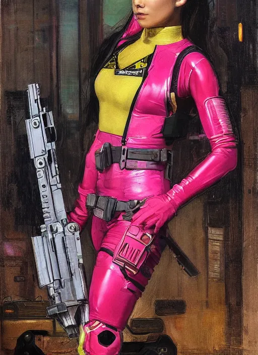 Image similar to Nikki tanaka. beautiful cyberpunk female USN marine wearing a military vest and a pink tactical catsuit (cyberpunk 2077, bladerunner 2049). gorgeous face. Iranian orientalist portrait by john william waterhouse and Edwin Longsden Long and Theodore Ralli and Nasreddine Dinet, oil on canvas. Cinematic, hyper realism, realistic proportions, dramatic lighting, high detail 4k