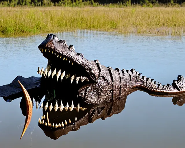 Prompt: wise zulu elder alligator guy has a sharp line of teeth. my teeth are sharp. there is a lake in the foreground with water reflections.