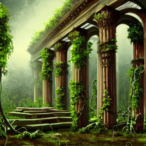 Image similar to a ruined temple, with fallen columns and overgrown with vines. painting, digital art, harsh lighting, 4 k hd wallpaper, trending on art station