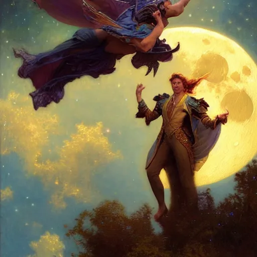 Image similar to attractive male wizard magically floating and flying high in the night sky, fantasy, full moon in background. highly detailed painting by gaston bussiere, craig mullins, j. c. leyendecker, mid shot, 8 k