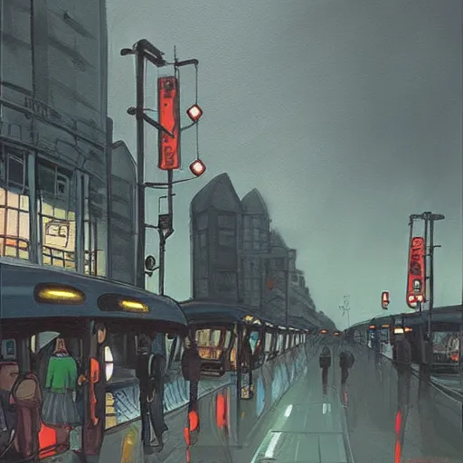 Prompt: dark city bus stop, painting by Hayao Miyazaki,ArtStation
