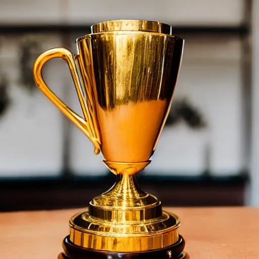 Prompt: a latte trophy, golden trophy shaped like latte