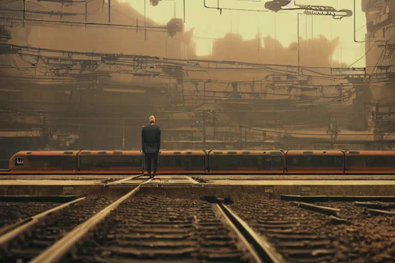 Image similar to a man standing in front of a train on a train track, cyberpunk art by mike winkelmann, trending on cgsociety, retrofuturism, reimagined by industrial light and magic, darksynth, sci - fi