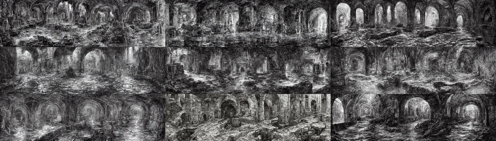 Prompt: flowing water inside the ancient flooded stone sewers. fantasy art, underground, adventure, wet, standing water, channel, canal, muck, mud, stagnant water, stream, channel, musty, moss, sewage, darkness, underground, catacombs, abandoned spaces, torchlight. piranesi and william roger dean.