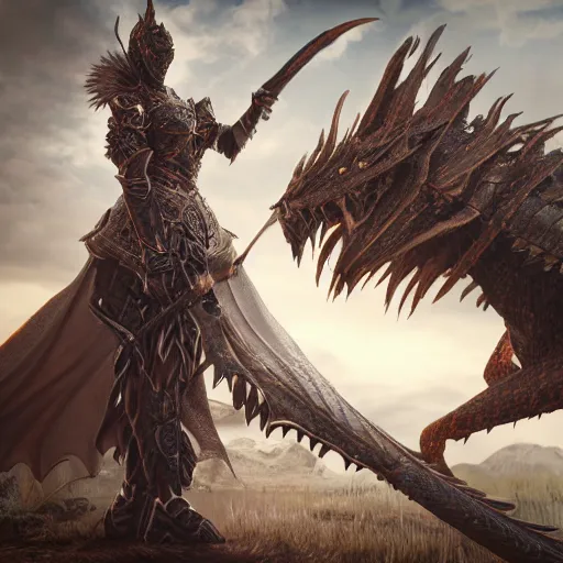 Image similar to highly detailed realistic stunning shot of a beautiful elegant anthropomorphic female dragon knight, resting a detailed and engraved longsword over her armored shoulder, cloak flittering in the wind, high quality, HD octane render, epic cinematography, Artstation, Deviantart, Furaffinity