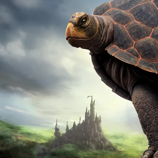 Image similar to giant tortoise walking with a large fantasy castle rising growing from the top of it, distant shot birds eye view, fantasy, hyper detailed, 4 k, howls moving castle, mortal engines,