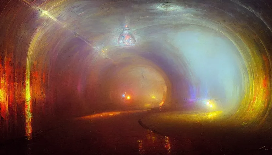 Image similar to a train driving through a psychedelic tunnel, by ivan aivazovski,