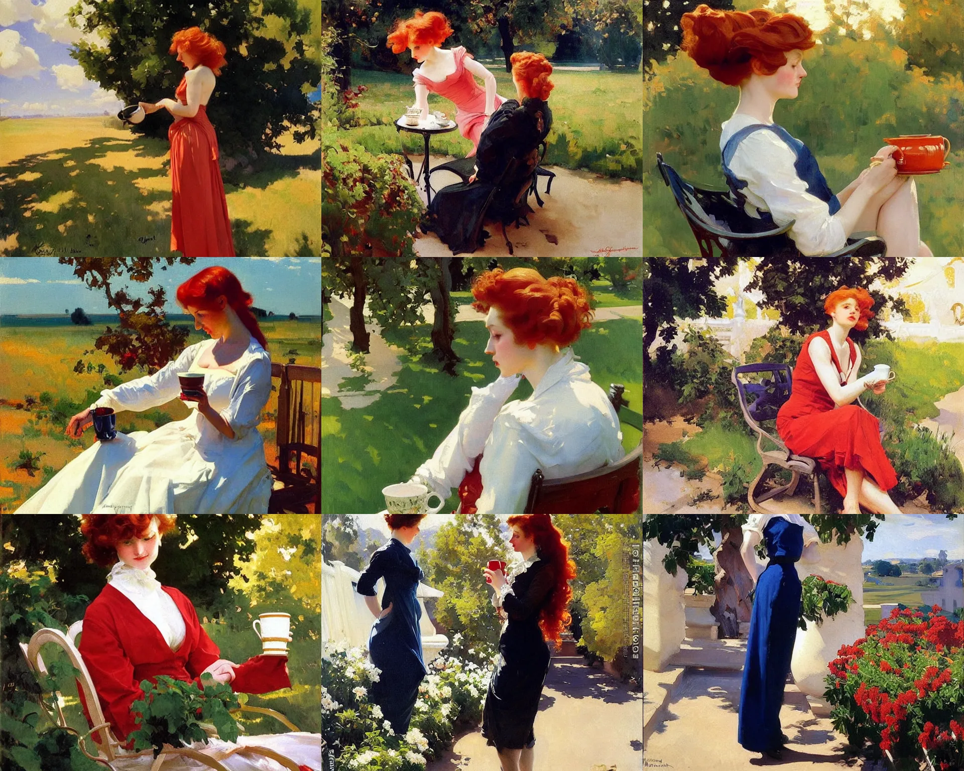 Prompt: painting by sargent and leyendecker and greg hildebrandt savrasov levitan woman with red hair drinking tea outdoor