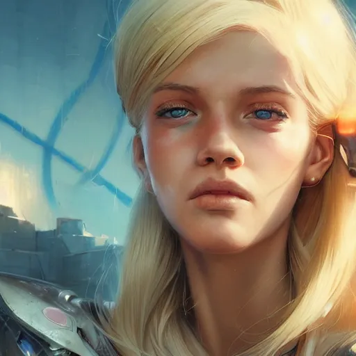 Image similar to highly detailed closeup portrait of a beautiful blonde female cyborg, in disney, stephen bliss, unreal engine, art by greg rutkowski, loish, rhads, ferdinand knab, makoto shinkai and lois van baarle, ilya kuvshinov, rossdraws, tom bagshaw, global illumination, radiant light, detailed and intricate environment