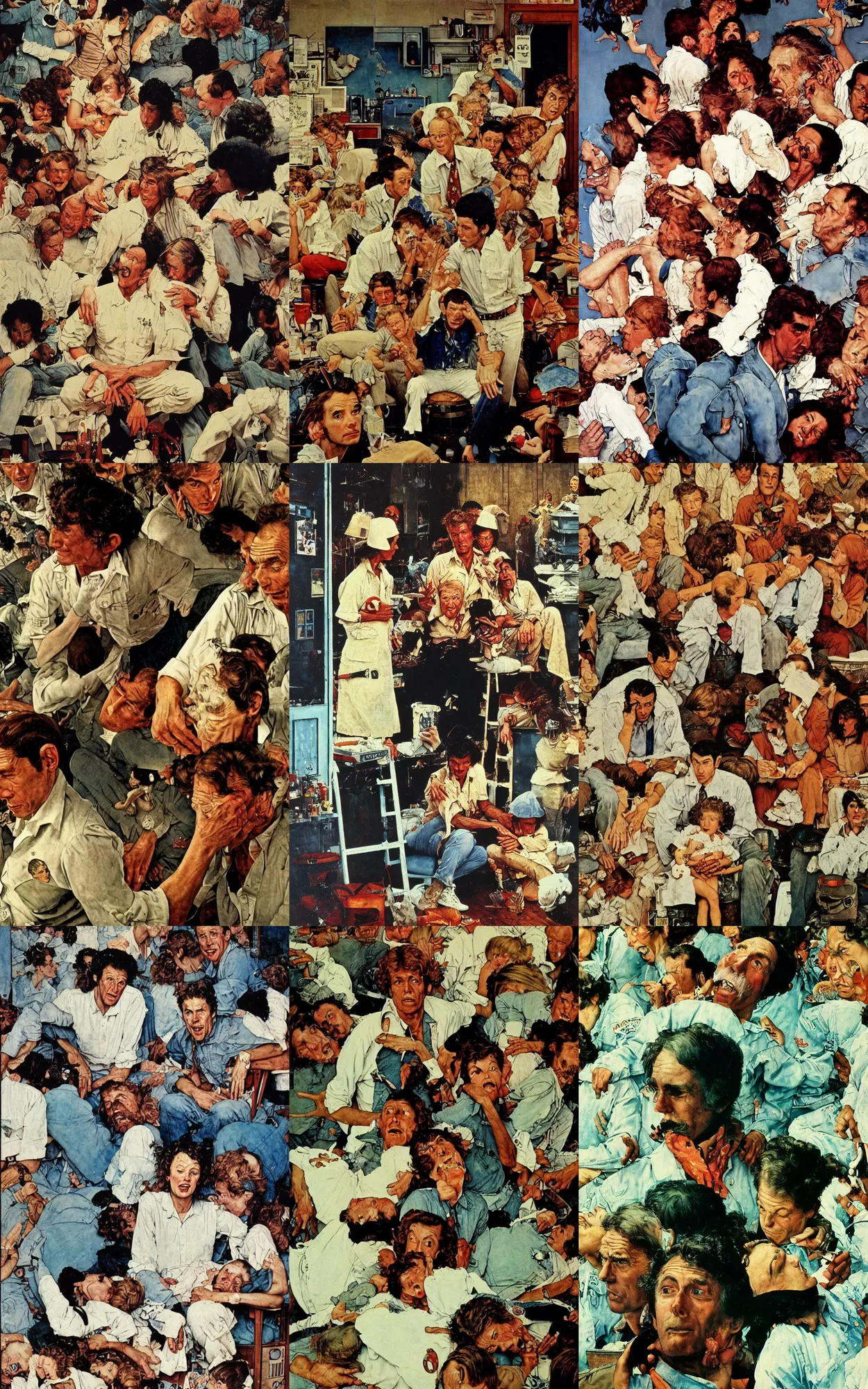 Prompt: one flew over the cookoos nest, painting by james jean and norman rockwell, 7 0 s cinestill, atmospheric, clinical, depressed, manic, bipolar