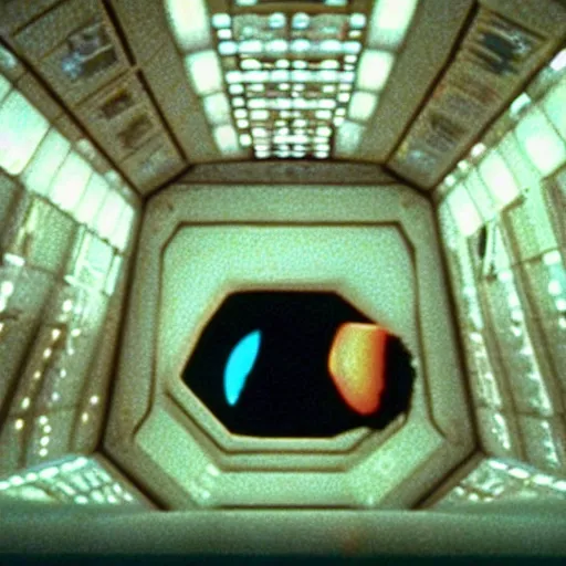 Prompt: a still from 2001: A Space Odyssey directed by Stanley Kubrick, surreal, perfectionist, beautiful color scheme, clean, high detail